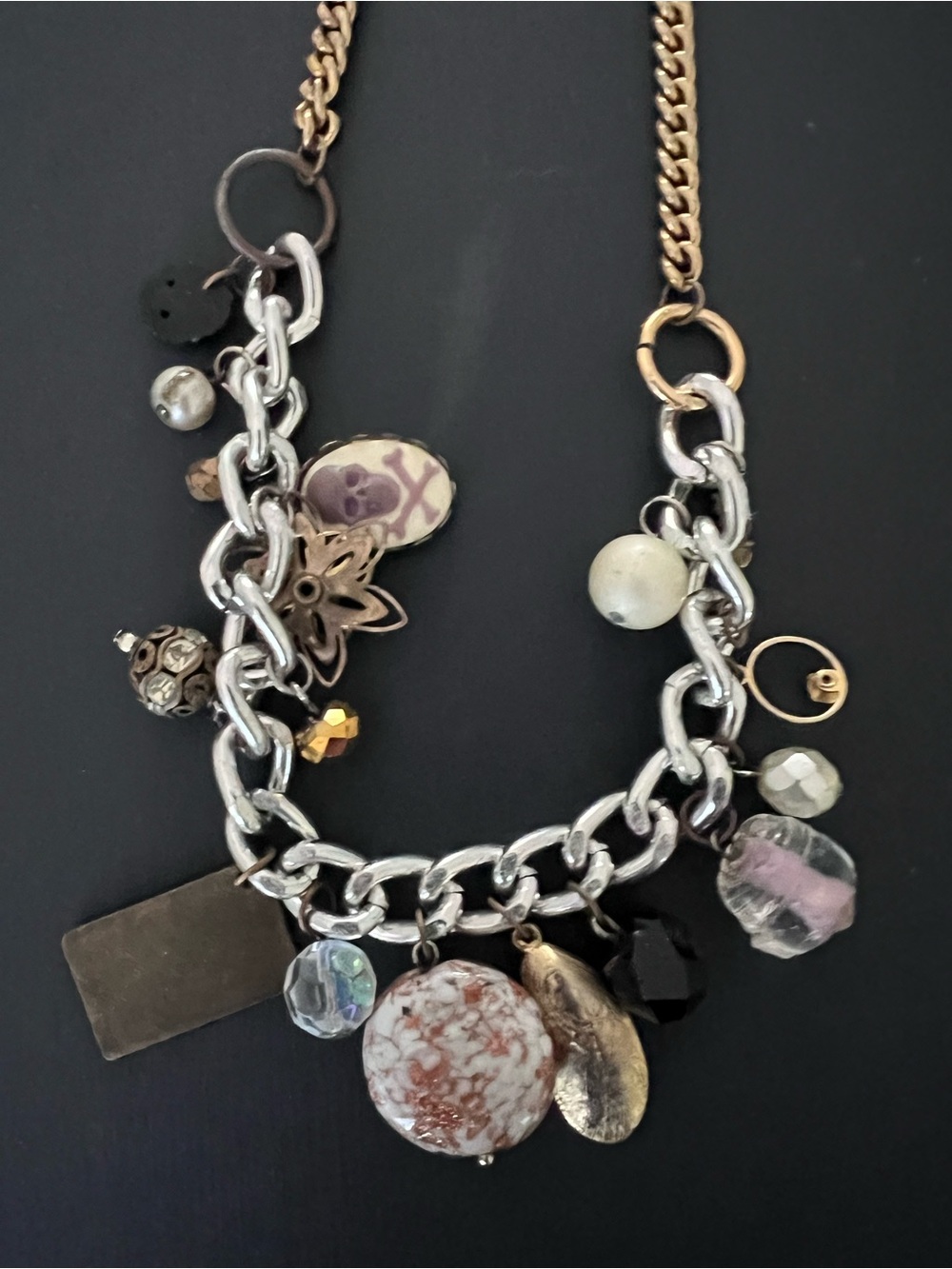 Silver Multi-Charm Necklace with Pink and Gold Accents